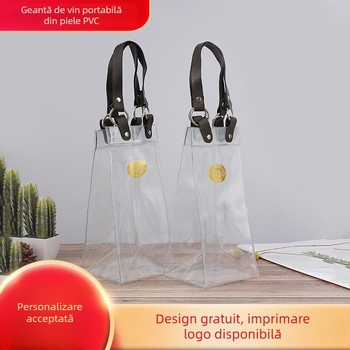 Geantă transparentă de vin din PVC cu mâner, zonă de imprimare logo goală, design 3D, geantă pentru machiaj și cadouri