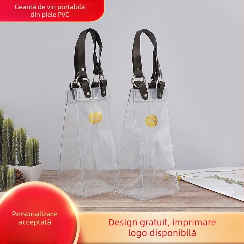 Geantă transparentă de vin din PVC cu mâner, zonă de imprimare logo goală, design 3D, geantă pentru machiaj și cadouri