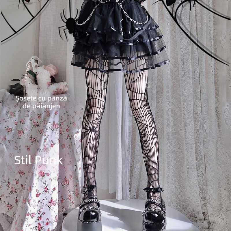 Dresuri subțiri cu plasă, design craniu, negre, sexy