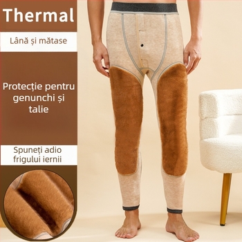 Pantaloni termici pentru bărbați, talie înaltă, iarnă, protecție pentru genunchi și talie, căptuți cu fleece, groși și calzi