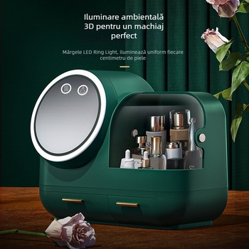 Cutie de depozitare pentru cosmetice de birou, cu oglindă LED și iluminare reglabilă