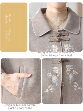 Jachetă din lână pentru femei, stil chinezesc, toamnă 2025, broderie cu flori și păsări, croială casual elegantă, lungime 50–65 cm
