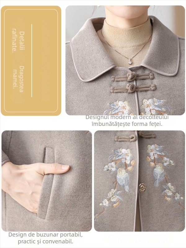 Jachetă din lână pentru femei, stil chinezesc, toamnă 2025, broderie cu flori și păsări, croială casual elegantă, lungime 50–65 cm