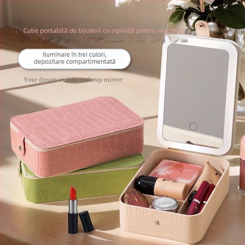 Oglindă de machiaj inteligentă cu iluminare LED și cutie integrată de depozitare pentru cosmetice