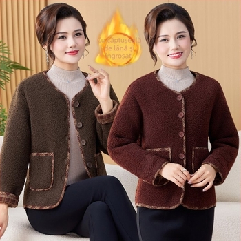 Jachetă pentru femei cu velur texturat și căptușeală de fleece, toamnă-iarnă, pentru femei mature