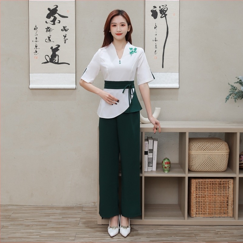 22859 Set uniform de vară pentru salon de înfrumusețare – pentru cosmeticiene, tehnicieni pedichiură, centre spa și wellness, cu mâneci scurte