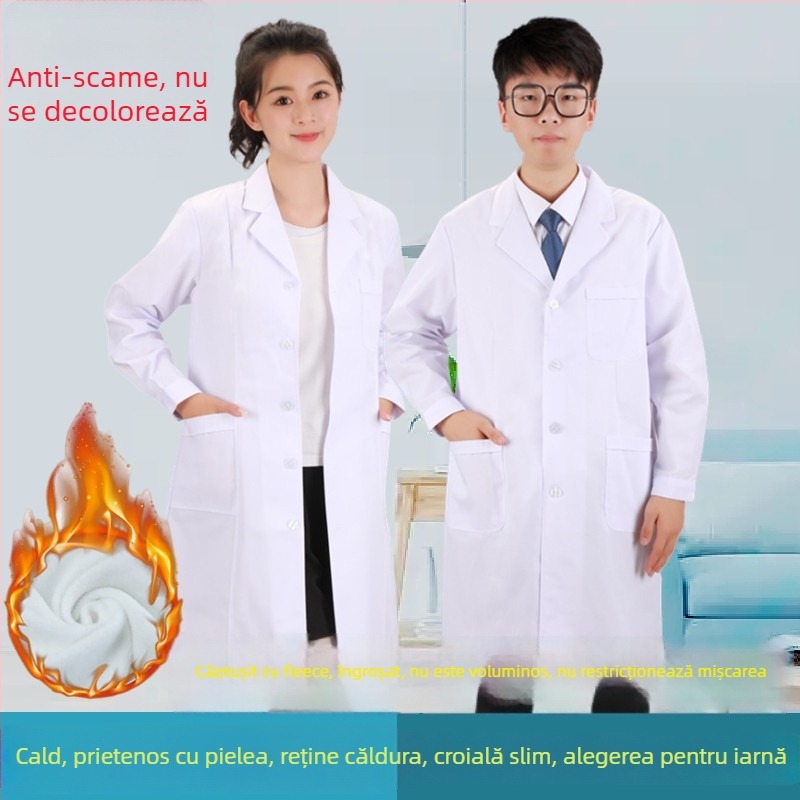 Halat alb medical, unisex, cu mâneci lungi și scurte, pentru medici, asistenți medicali și farmaciști, uz clinic/laborator, căptușit cu fleece.