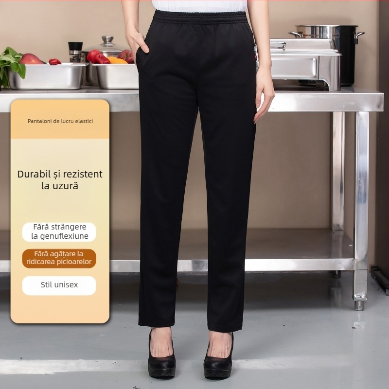 Pantaloni negri de bucătar, unisex, croială dreaptă, talie elastică, uniformă de lucru