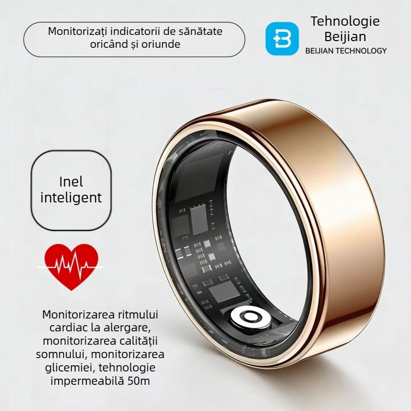 Inel AI inteligent pentru ritm cardiac, oxigen din sânge, somn, HRV și monitorizare stres — dispozitiv purtabil multifuncțional