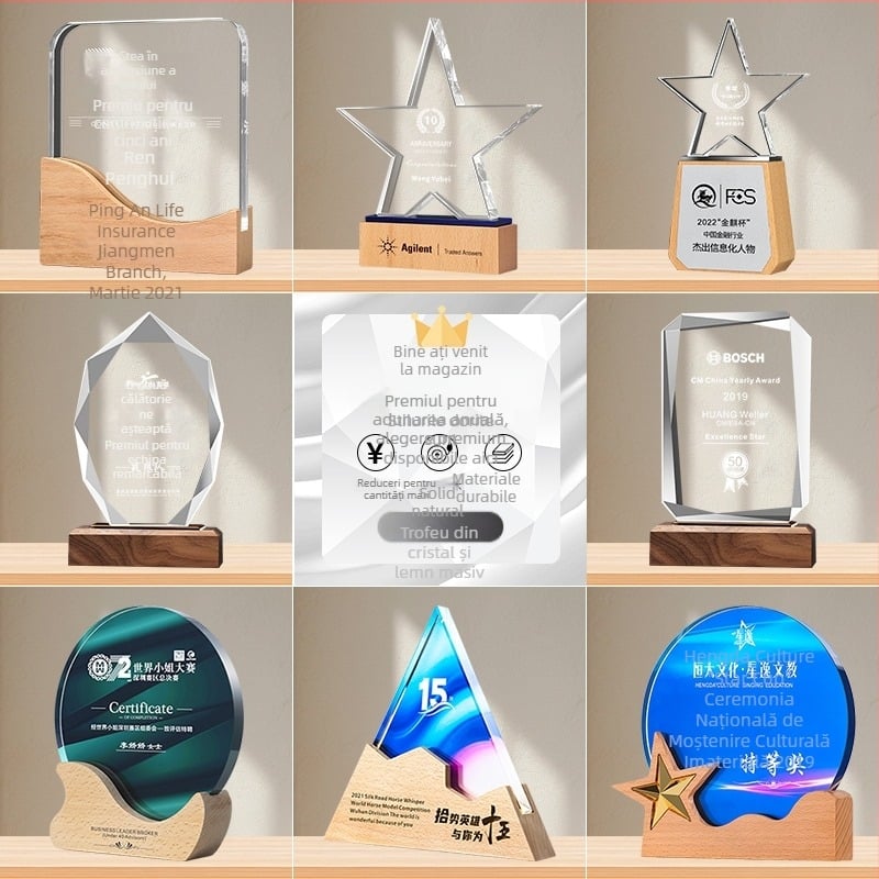 Troféu de cristal pentru întâlnire anuală: premiu pentru angajat excepțional, plachetă din metal și lemn