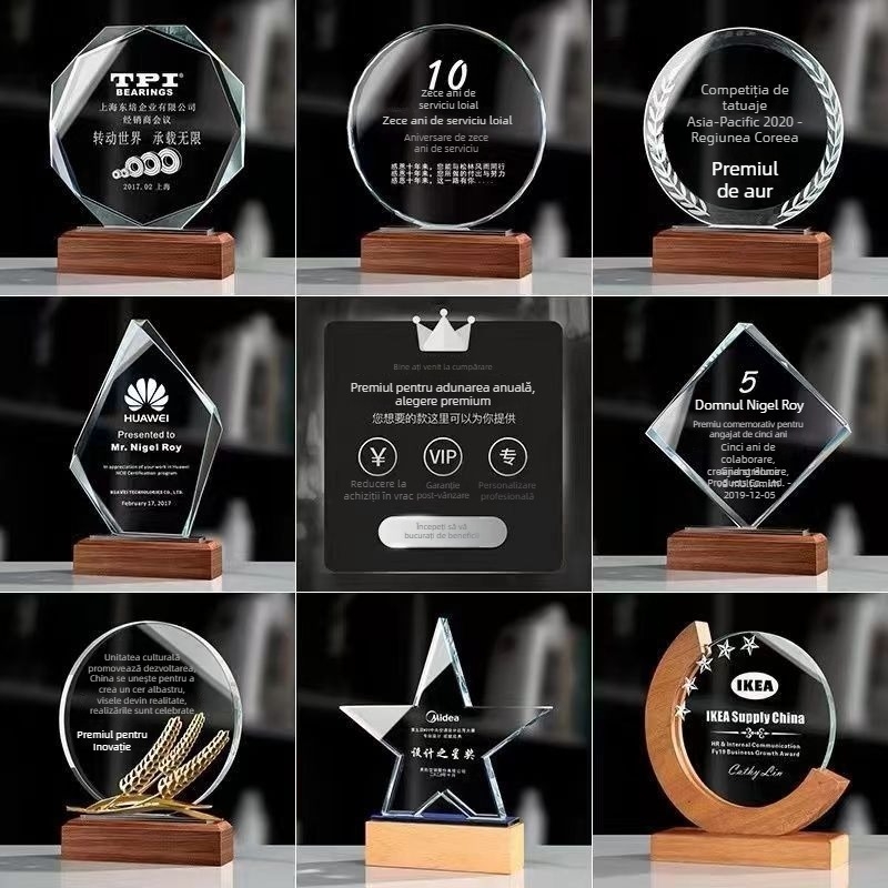 Troféu de cristal pentru întâlnire anuală: premiu pentru angajat excepțional, plachetă din metal și lemn