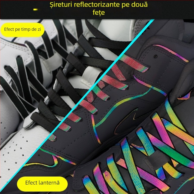 Șnururi holografice reflectorizante pentru AJ1/AF1 – șnururi plate, colorate, cu reflexie 3M și efect chameleon laser