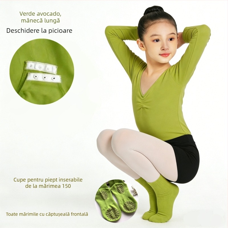 Body de dans pentru copii, mânecă lungă, toamnă–iarnă, din bumbac-lycra, pentru fete, costum pentru examen de dans popular chinezesc