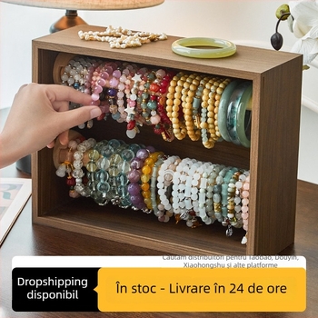 Raft de expunere cu două etaje din lemn de nuc, stil vintage antic, pentru bijuterii și accesorii pentru păr