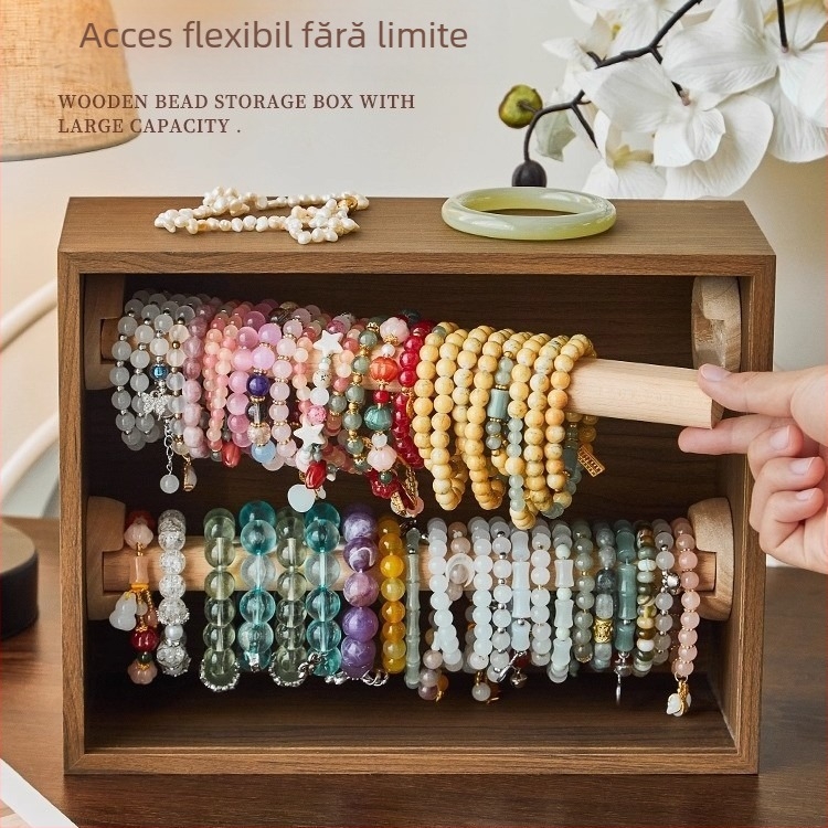 Raft de expunere cu două etaje din lemn de nuc, stil vintage antic, pentru bijuterii și accesorii pentru păr