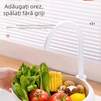 Vas plastic pentru spălat orez, cu strecurător și coș de scurgere – extra-large, pentru orez, fructe și legume, albastru