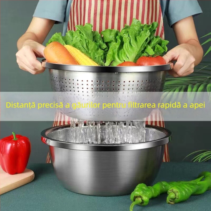 Vas din oțel inoxidabil 304 cu capac — vas de spălat în bucătărie pentru legume, aluat și supă, construcție îngroșată