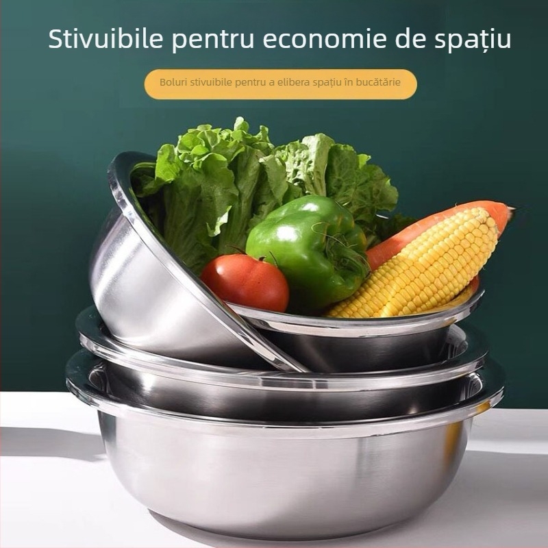 Bol din oțel inoxidabil, multifuncțional, fără magnet, îngroșat și adâncit, pentru frământat aluat, spălat legume și haine, și pentru depozitarea condimentelor în bucătării și cantine.