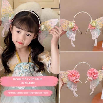 Diademă pentru păr cu flori, urechi de elf, fluture mare și perle, broderie fină