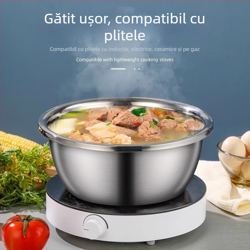 Vas de bucătărie din oțel inoxidabil, multifuncțional, pentru frământat aluat, bătut ouă, servire supă și spălat legume