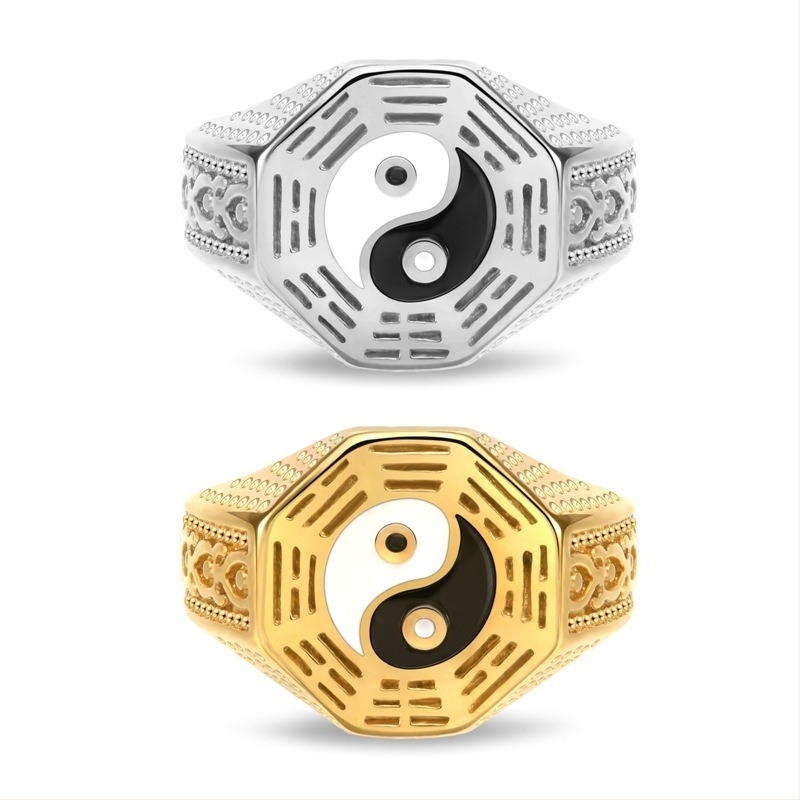 Inel din oțel inoxidabil cu motiv yin-yang bagua, stil etnic, masculin și unisex bijuterii
