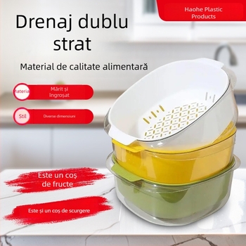 Coș PET albastru cu două etaje pentru legume și fructe, drenaj, bucătărie casnică, dimensiuni 26×24×10.5 cm