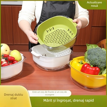 Coș PET albastru cu două etaje pentru legume și fructe, drenaj, bucătărie casnică, dimensiuni 26×24×10.5 cm