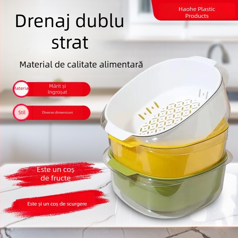 Coș PET albastru cu două etaje pentru legume și fructe, drenaj, bucătărie casnică, dimensiuni 26×24×10.5 cm