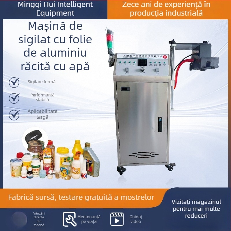 Mașină de sigilare cu folie de aluminiu, cu răcire prin apă, siguranță prin inducție electromagnetică, pentru sticle cu formă neobișnuită, garnitură mică, linie de sigilare
