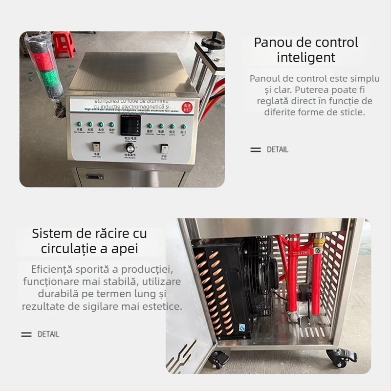 Mașină de sigilare cu folie de aluminiu, cu răcire prin apă, siguranță prin inducție electromagnetică, pentru sticle cu formă neobișnuită, garnitură mică, linie de sigilare