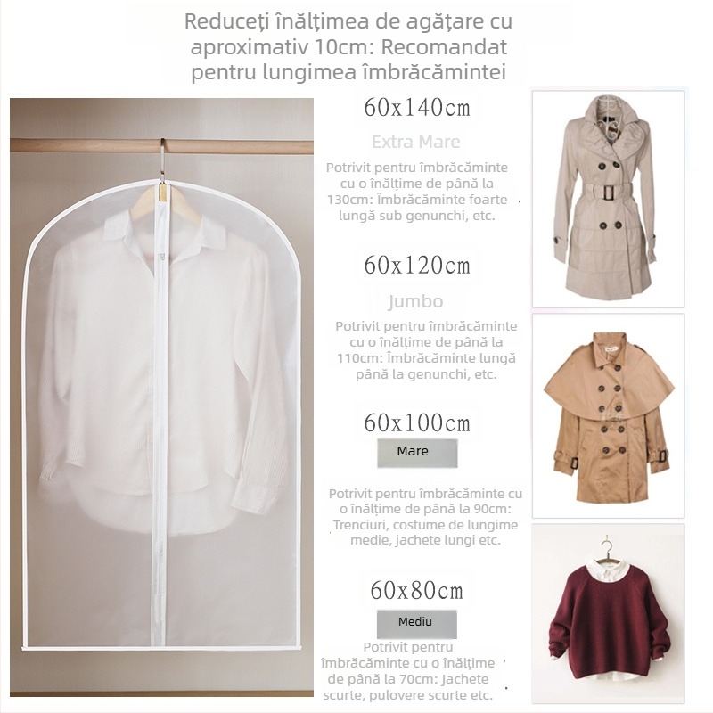 Sac transparent pentru haine, atârnat, protecție împotriva prafului și umezelii, pentru paltoane și costume, depozitare la domiciliu