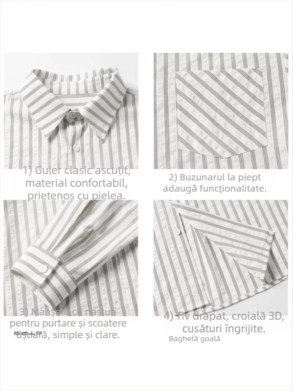 Cămașă-jachetă în stil american retro, cu dungi gri-albe, mâneci lungi, primăvară, croială lejeră