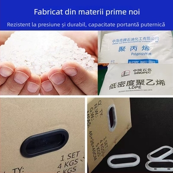 Catarame din plastic pentru mânerul cutiilor din carton ondulat; forme: ovală, hexagonală și pătrată; prindere rezistentă la praf pentru depozitare
