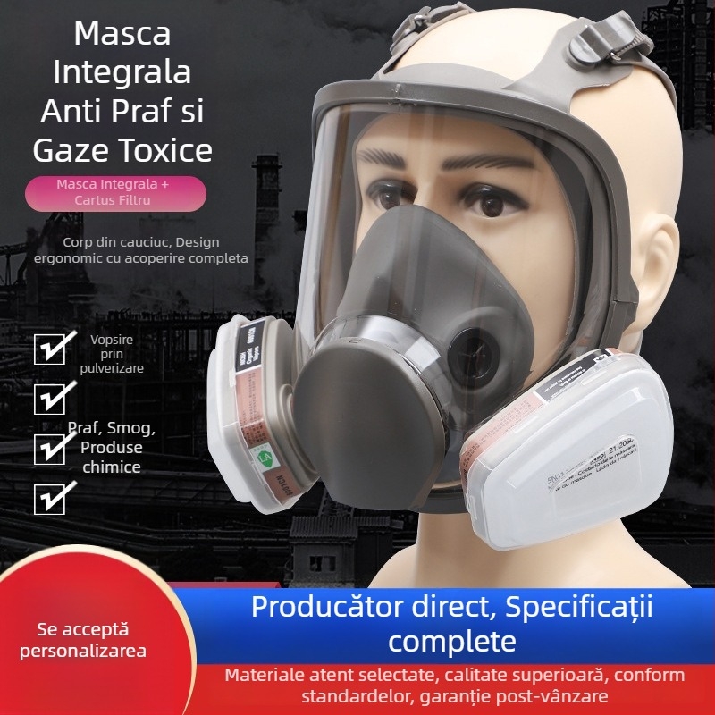 Mască de gaz cu față întreagă, din policarbonat și silicon lichid, pentru pulverizare chimică, vopsire și protecție împotriva prafului, model 6800