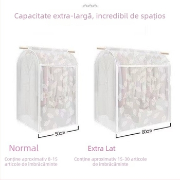 Husă transparentă din plastic, complet închisă, pentru haine pe umeraș, protecție împotriva prafului și umezelii.