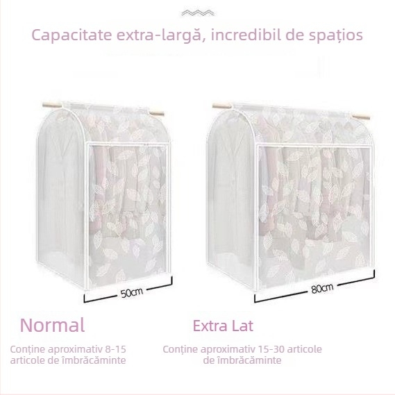 Husă transparentă din plastic, complet închisă, pentru haine pe umeraș, protecție împotriva prafului și umezelii.