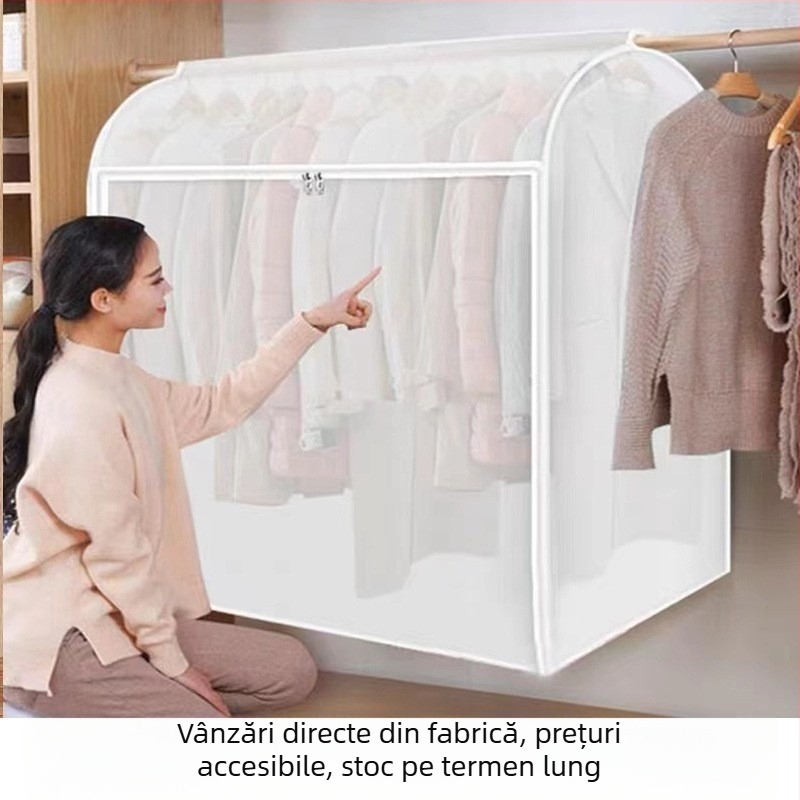 Husă transparentă din plastic, complet închisă, pentru haine pe umeraș, protecție împotriva prafului și umezelii.