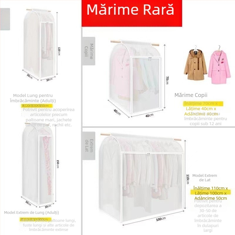 Husă transparentă din plastic, complet închisă, pentru haine pe umeraș, protecție împotriva prafului și umezelii.