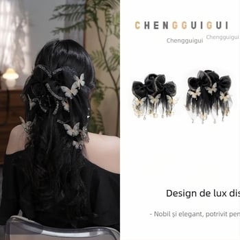 Clip de păr cu funda neagră din plasă, cu pietre strălucitoare, elegant și atrăgător, accesoriu pentru păr feminin