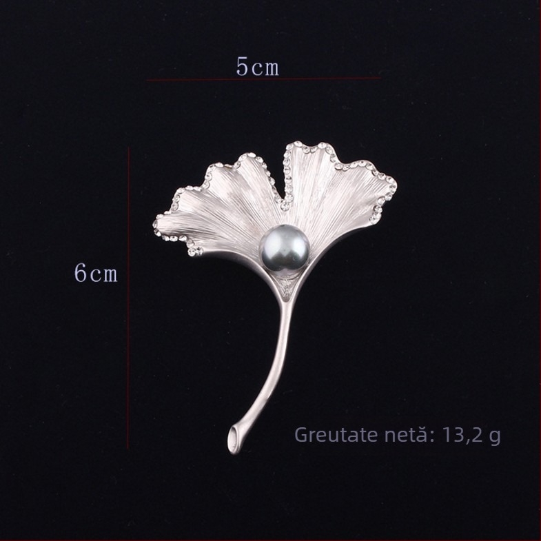 Broșă pentru femei cu frunză de ginkgo, perle și cristale zirconiu cubic, accesoriu elegant pentru haine