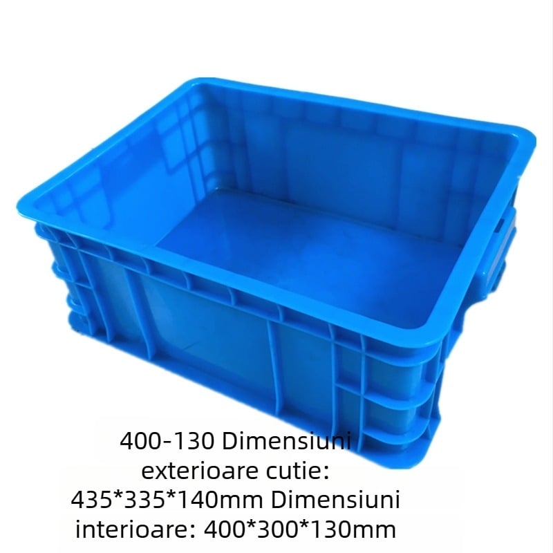 Cutie turnover din plastic HDPE, dimensiuni interioare 400×300×130 mm, dimensiuni exterioare 435×335×140 mm, grosime perete 2,5 mm, greutate proprie 0,9 kg, sarcină 25 kg, imprimat logo, turnare prin injecție
