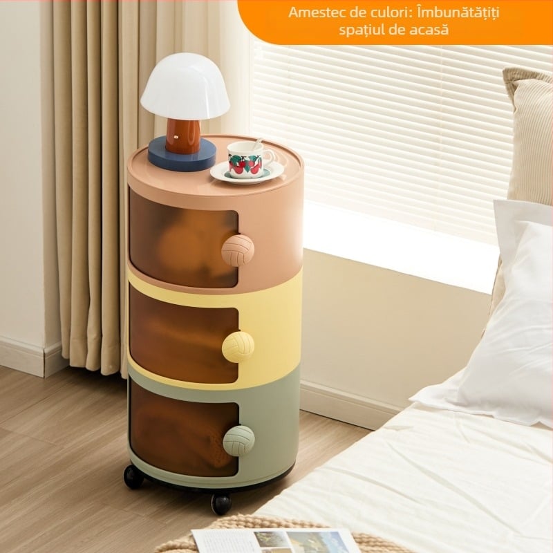 Noptieră nordică pentru copii, cu mai multe compartimente, din plastic, design modern minimalist, cu roți