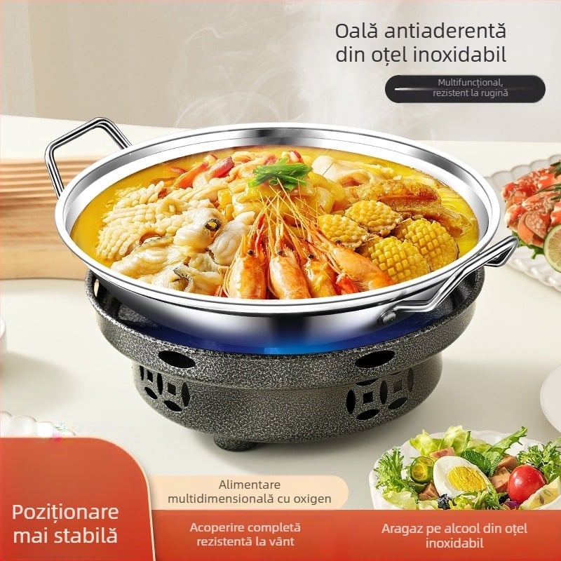 Arzător cu alcool solid pentru gătit în oale mici, destinat restaurantelor, bază din oțel inoxidabil