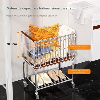 Coș dublu etajat cu rotile pentru rufe murdare, spațiu de depozitare pentru papuci și haine în baie și sufragerie, cărucior metalic de depozitare