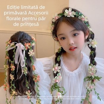 Bentiță pentru copii cu flori artificiale, în stil pădure, împletită