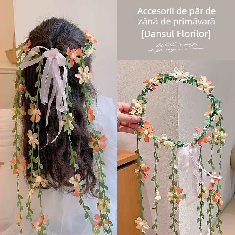 Bentiță pentru copii cu flori artificiale, în stil pădure, împletită