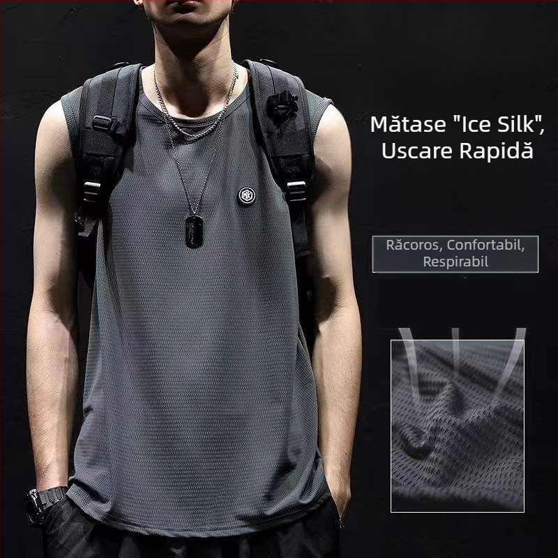 Tricou fără mâneci pentru bărbați, croială lejeră, din material ice-silk cu uscare rapidă, pentru vară, sport și baschet, mărime plus.