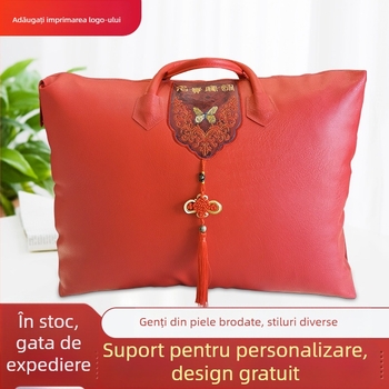 Geantă din piele pentru zestre de mireasă, cuvertură roșie mare din bumbac și mătase, husă de transport cu mâner