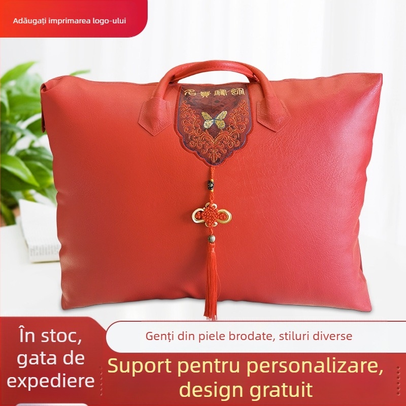 Geantă din piele pentru zestre de mireasă, cuvertură roșie mare din bumbac și mătase, husă de transport cu mâner