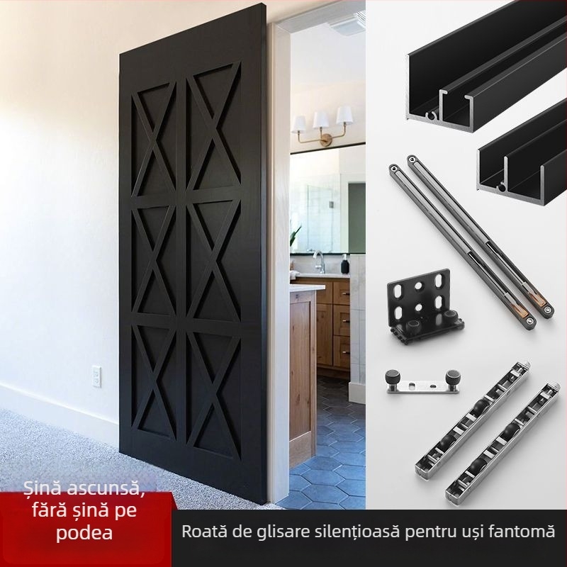 Ușă fantomă secretă minimalistă, cu sistem glisant și dublu amortizor, pentru cadru din lemn și aluminiu